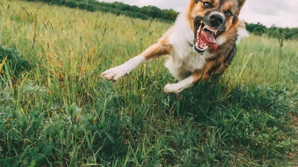 An aggressive dog running towards the camera with its mouth open.