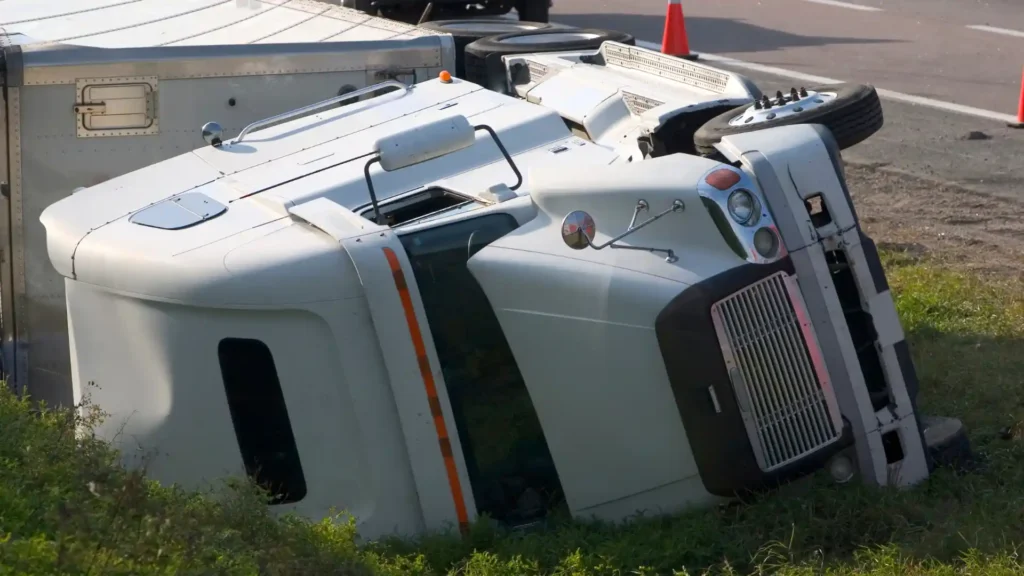 Overturned semi-truck lying on its side after an accident.